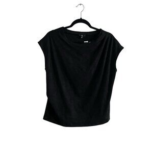 DREW Women L Black Faux Suede Short Sleeve Gathered Shoulder Neiko Top NWT